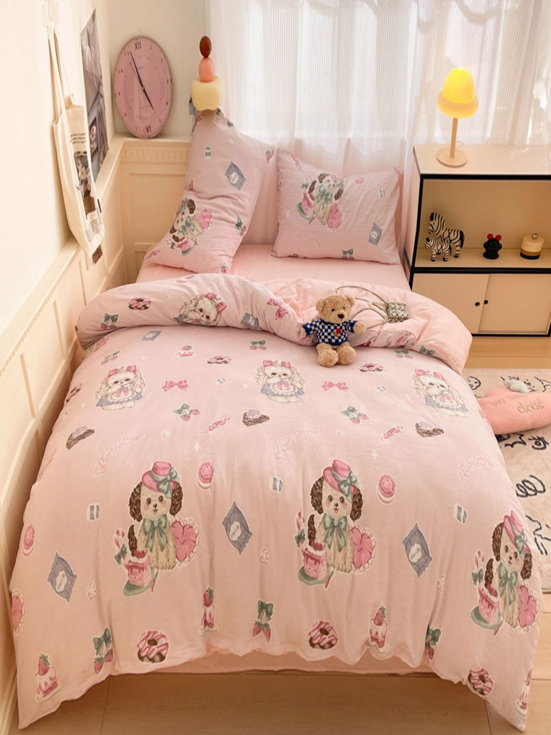 JC HOME Pink & Blue 4 Pieces Self Design Single Bedding Set