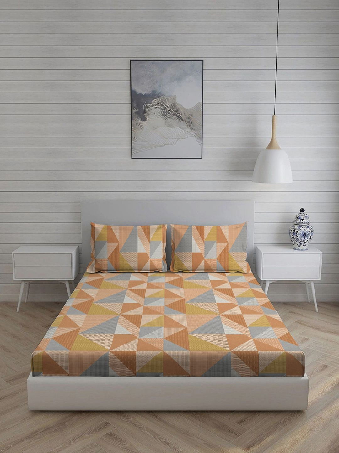 Living scapes by Pantaloons Rust Geometric Pure Cotton 144 TC Single Bedsheet with 2 Pillow Covers-88 x 60 inches