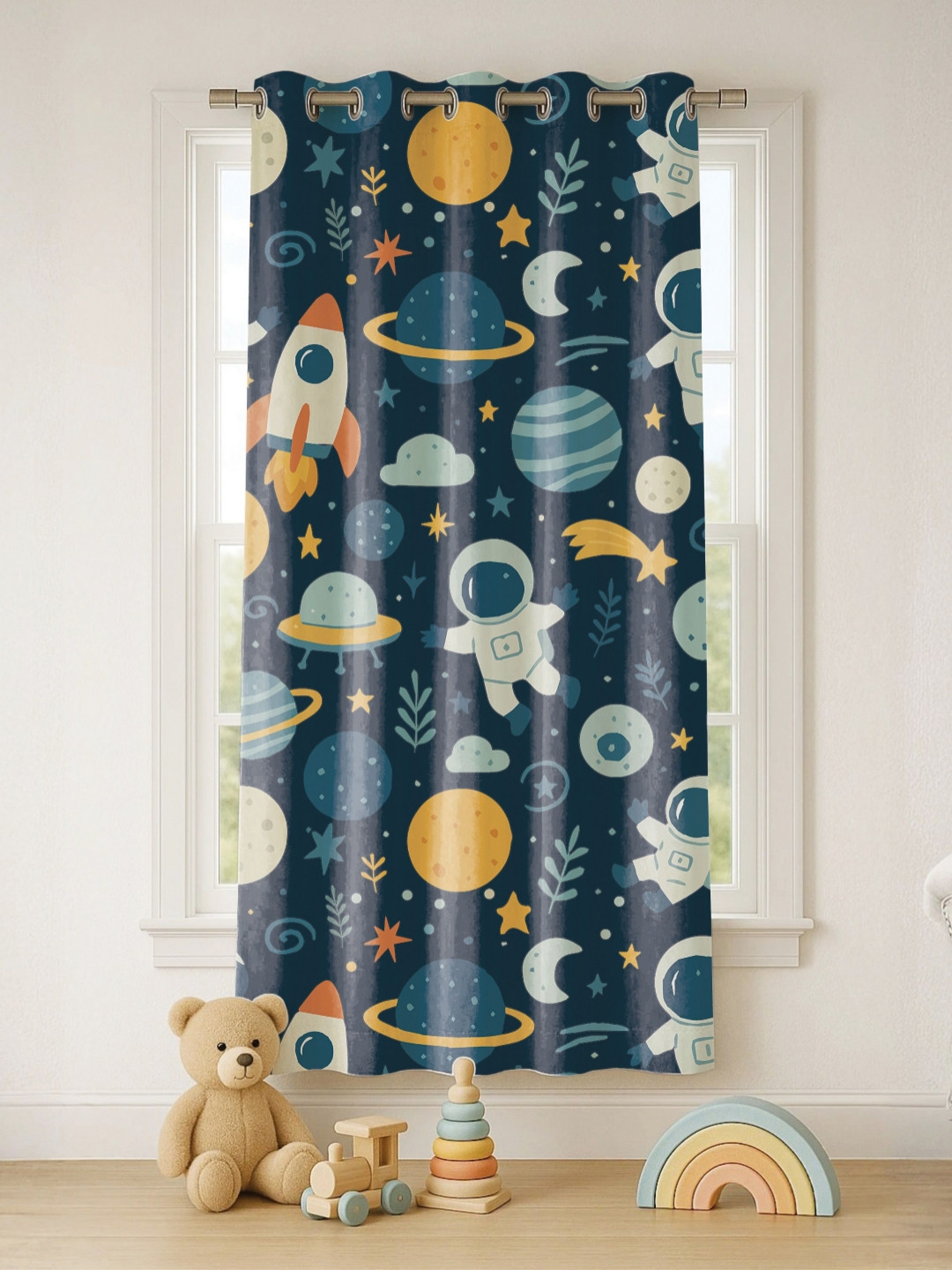 STITCHNEST Set of 1 Blue & Yellow Cartoon Print 5 feet Curtain