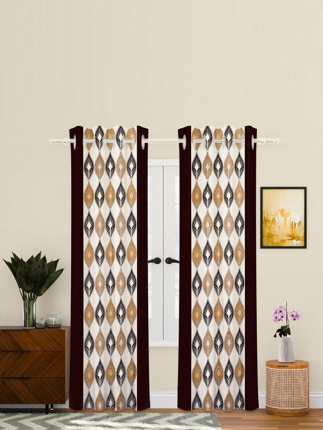 Aura Brown & Beige 2 Pcs Ethnic Motifs Printed Long Door Curtain