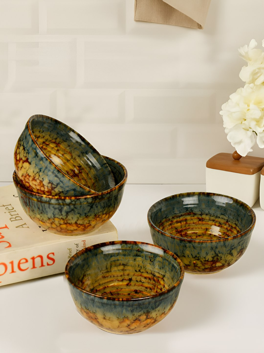StyleMyWay 4 Pcs of Amber Green & Brown Ceramic Dinner Serving Bowls 250 ml each