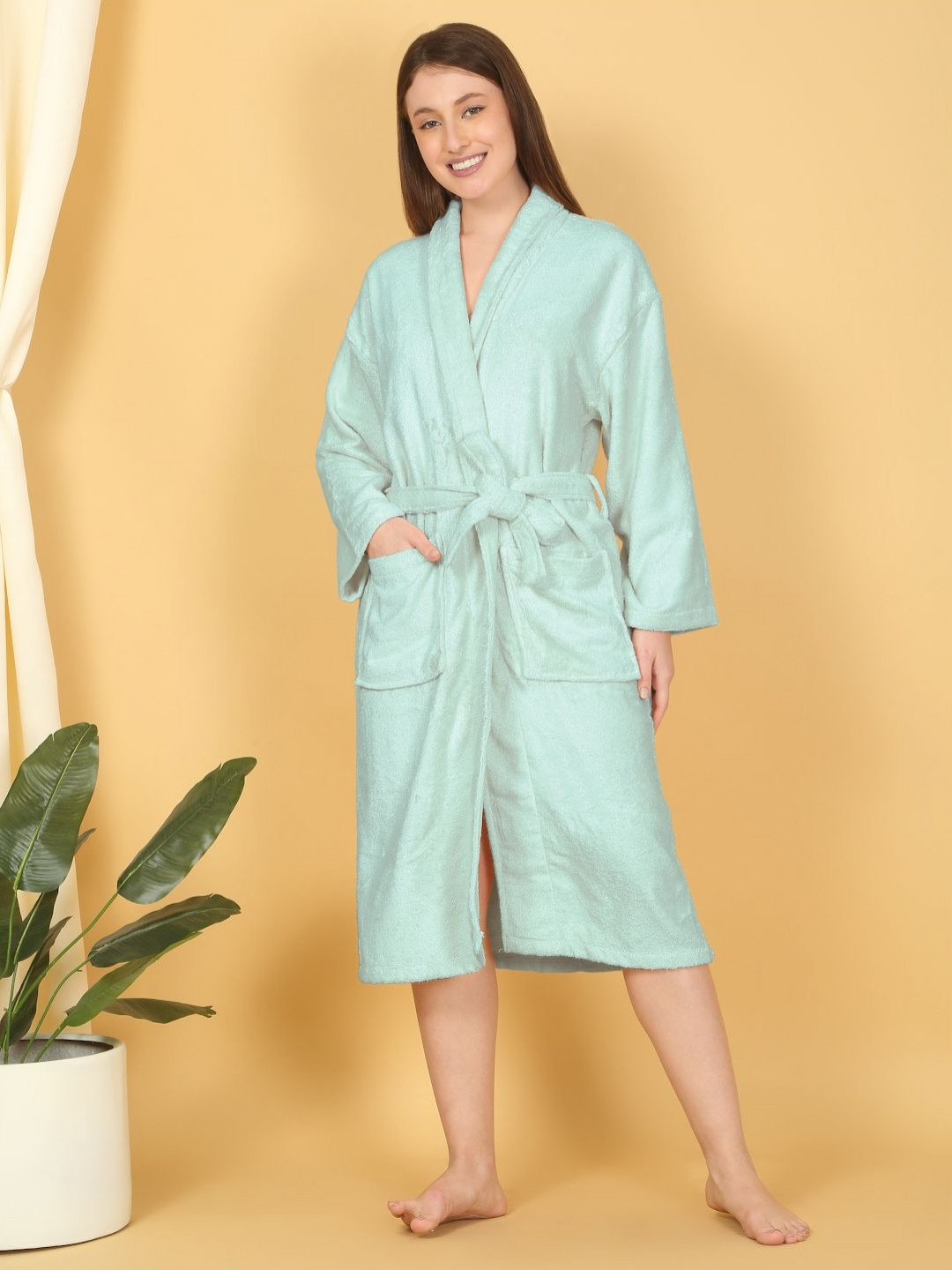 Mulberry Living Blue Solid Cotton Drawstring Midi Bath Robe