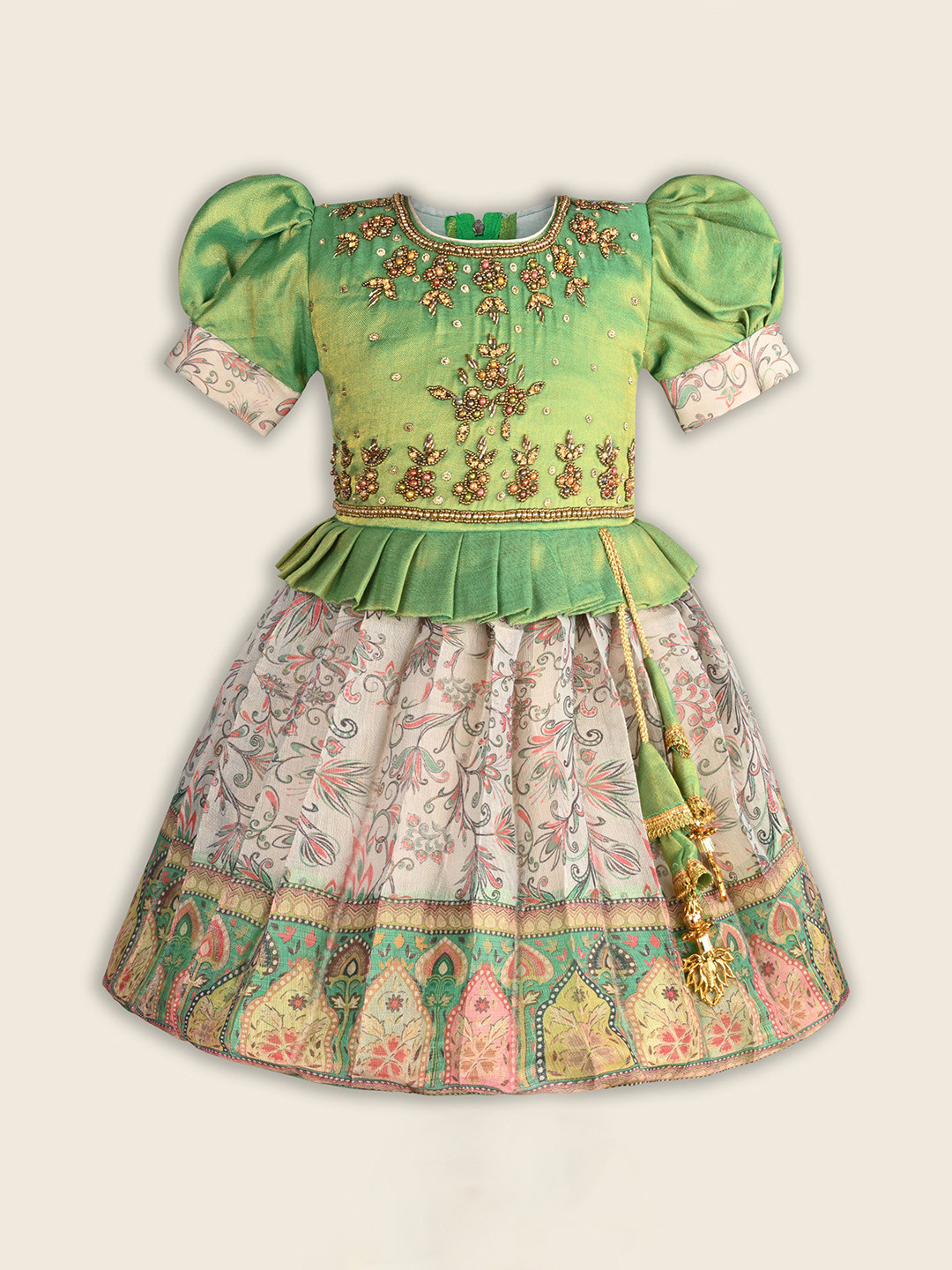 Wish Karo Girls Satin Puff Sleeve Ethnic Frock