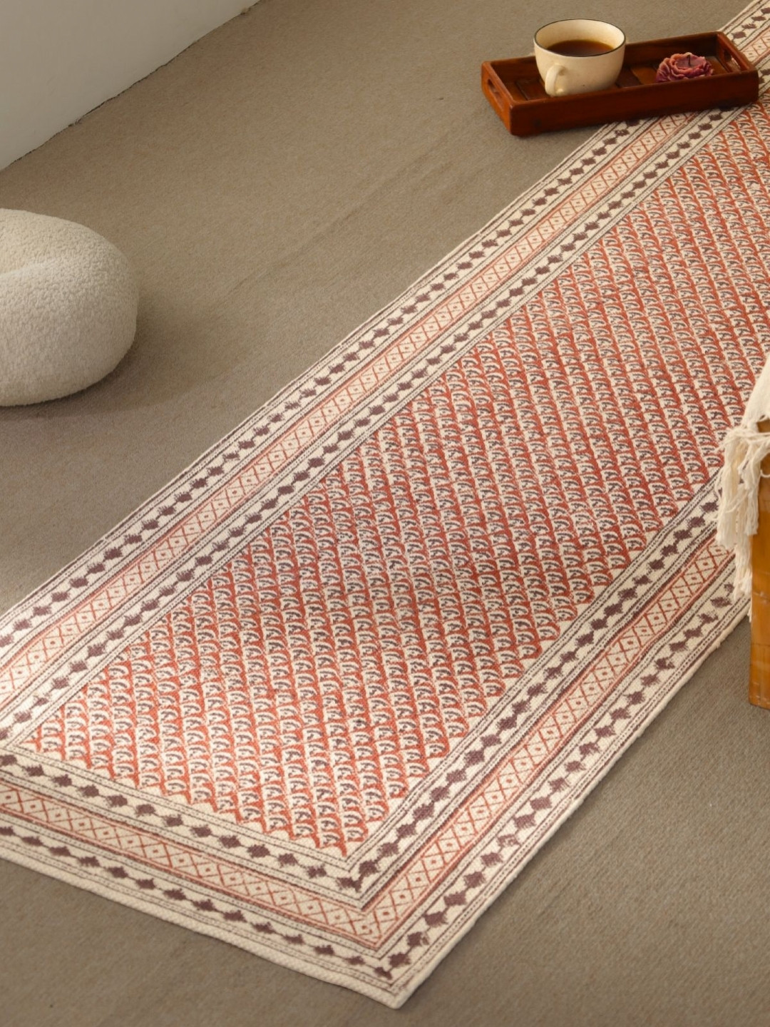 Peepul Tree Maroon & White Pure Cotton Block Printed Bedside Runner