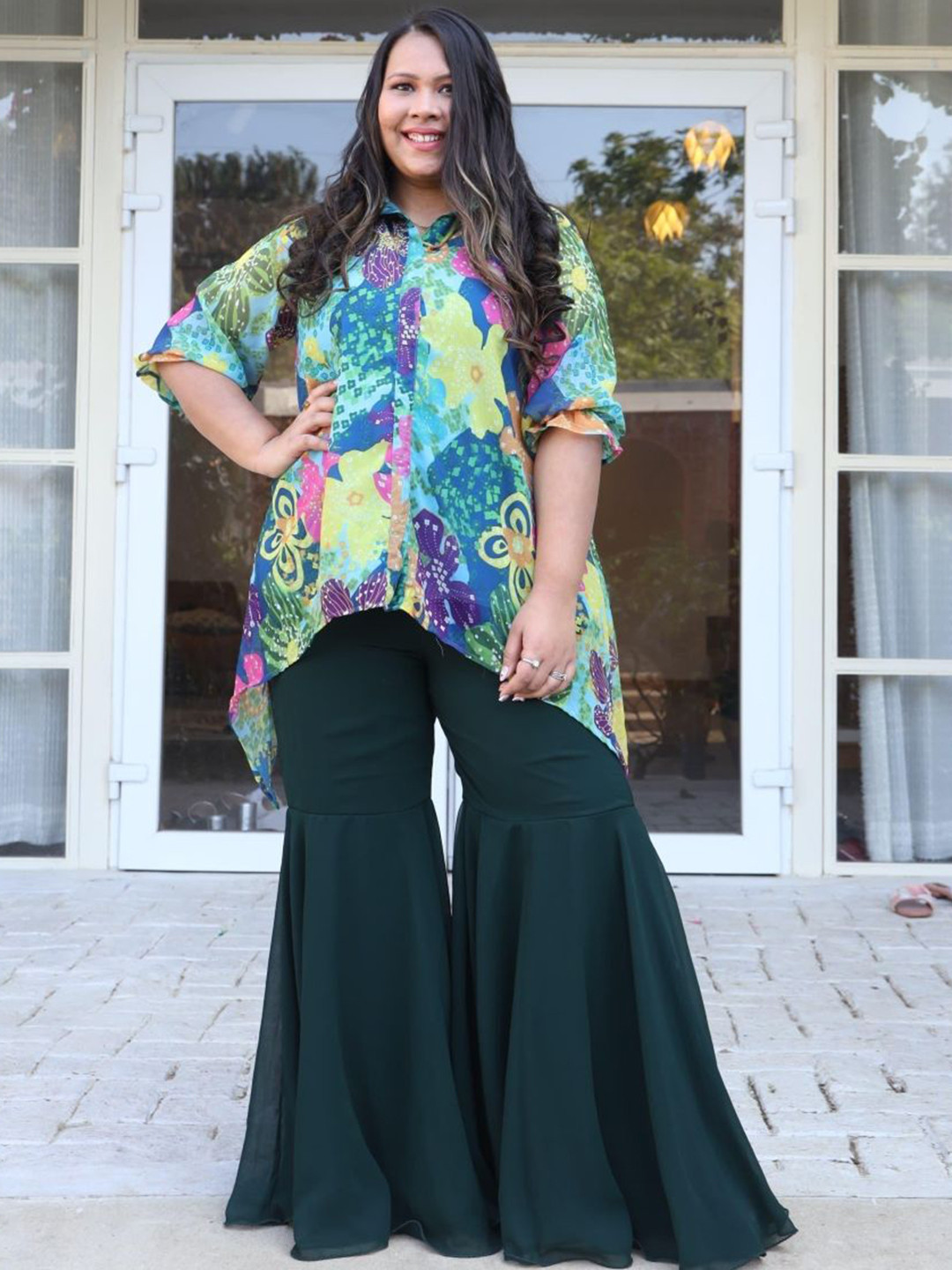 Swadeshi Shringaar Giant Floral Georgette Sharara Co-Ords