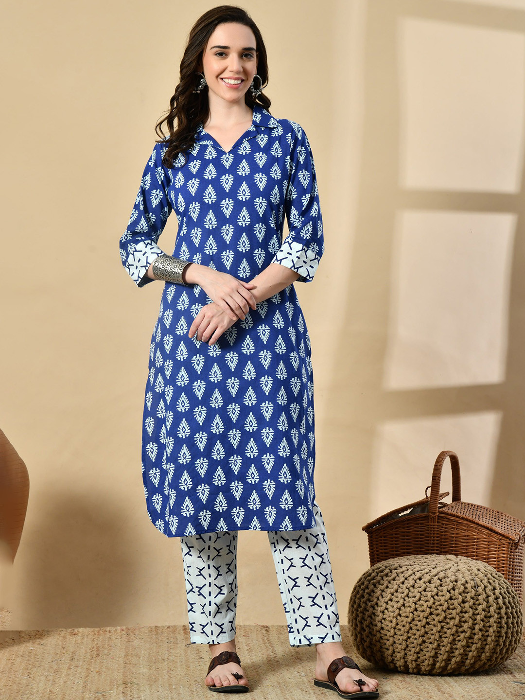 HERE&NOW Floral Printed Lapel Collar Pure Cotton Straight Kurta With Trousers