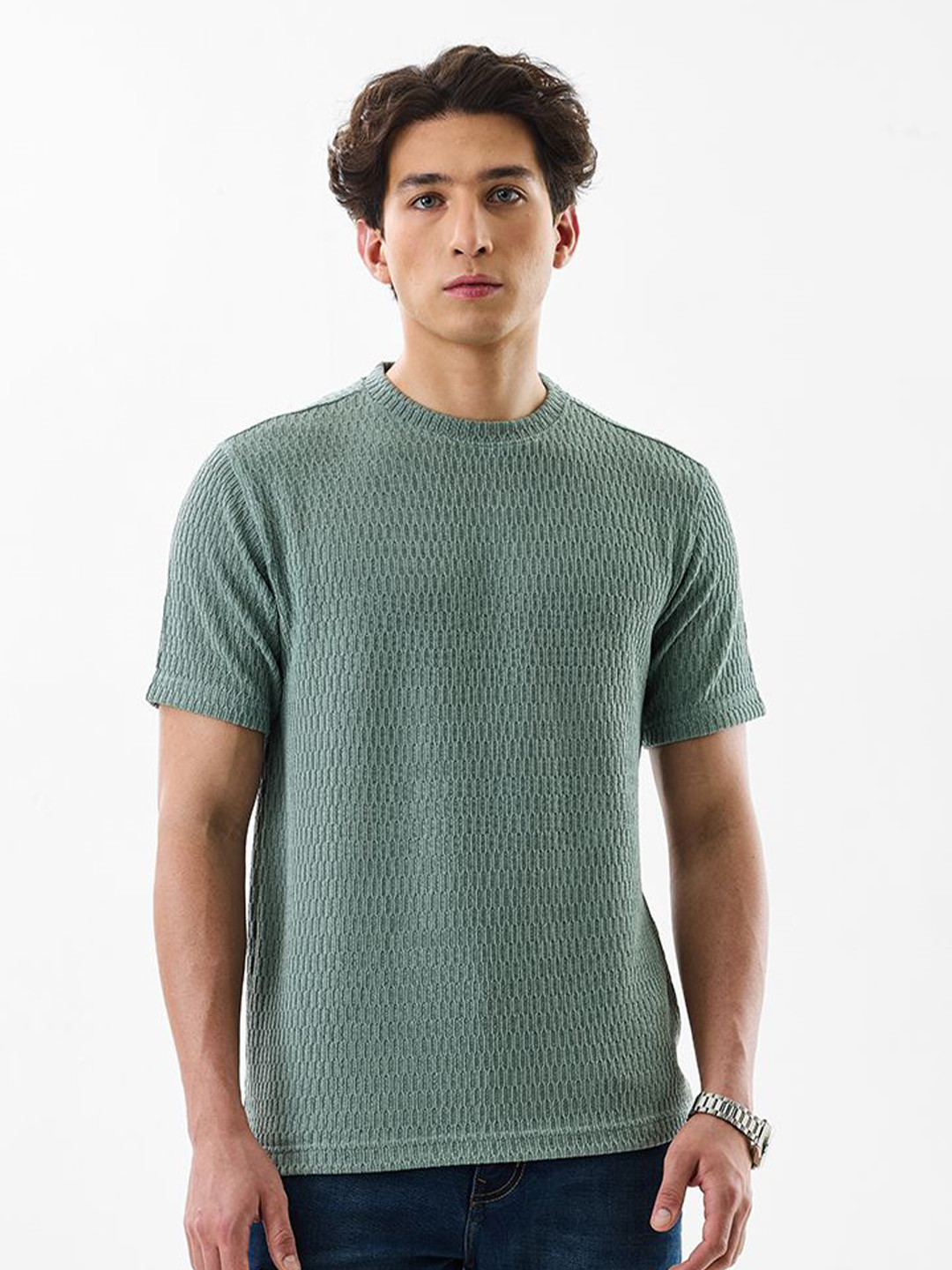 Snitch Men Sage Green Textured Slim Fit T-Shirt