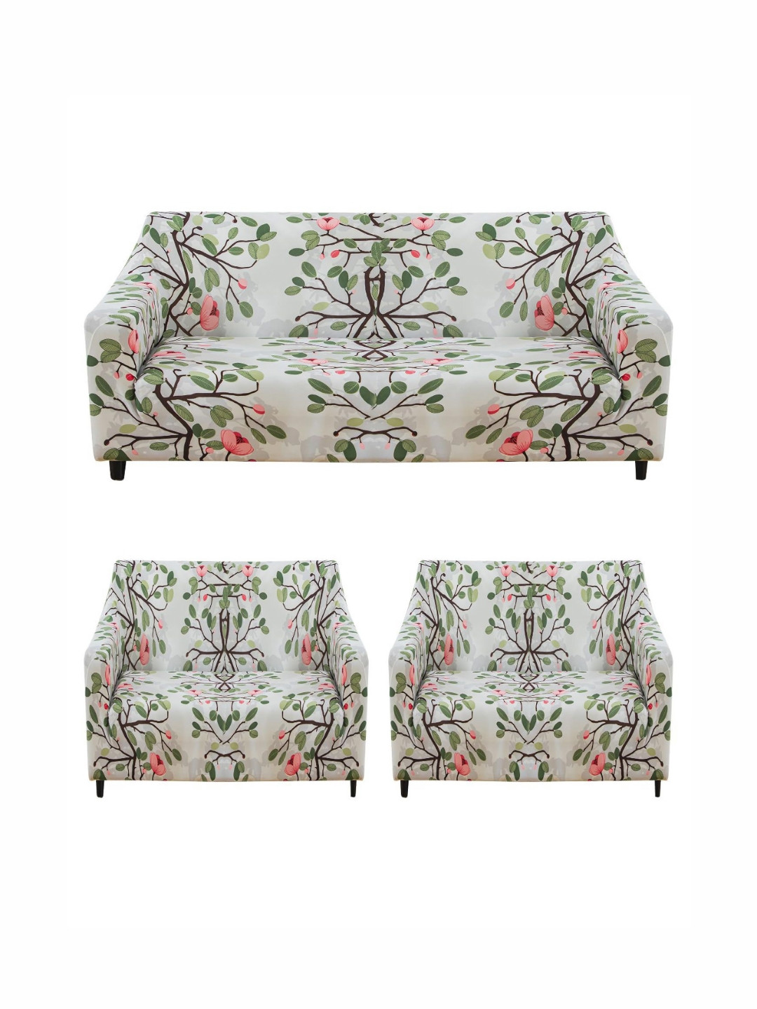 HOUSE OF QUIRK Green & Pink 3 Piece 3+1+1 Seater Printed Elasticated Sofa Cover With Arms