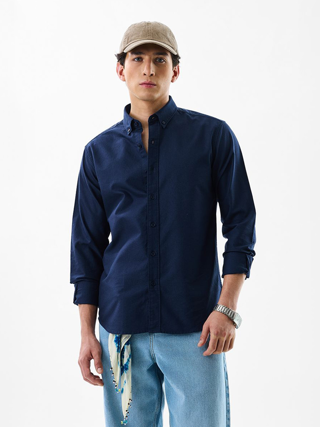 Snitch Men Navy Solid Button-Down Collar Slim Fit Casual Shirt