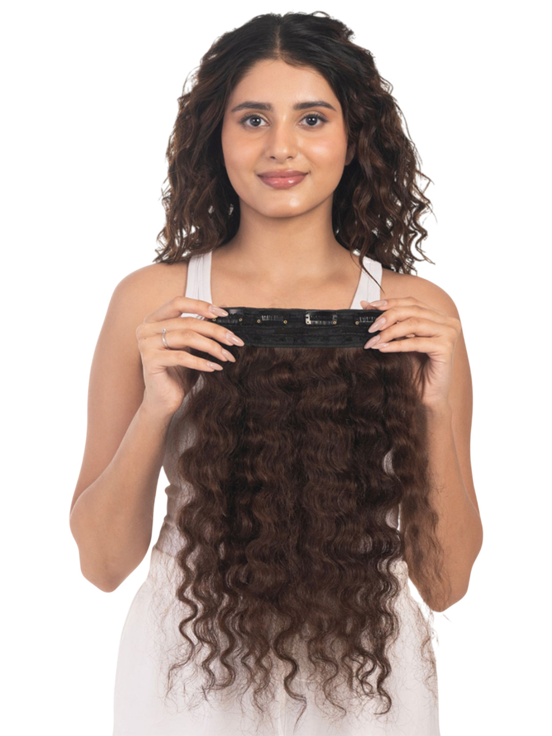 HAIRJOY 4 Clip In Curly Scalp Topper Hair Extension - Medium Chocolate Brown - 20 Inch