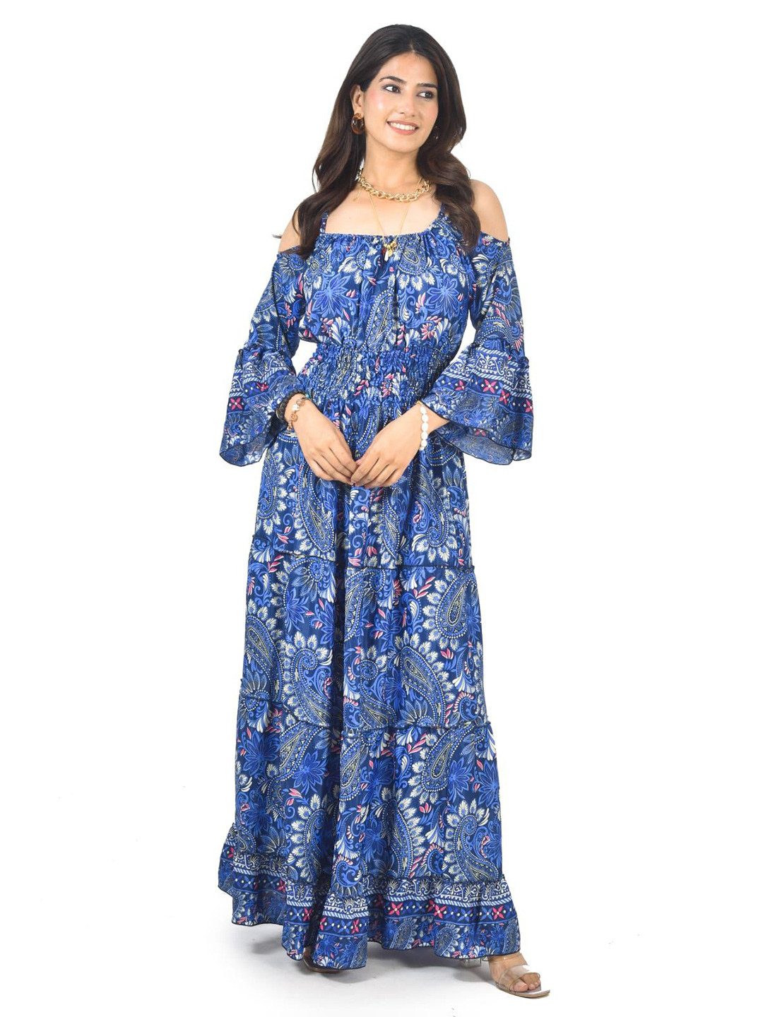 ADC SHEMONA Eliza Beth Women Floral Long Dress with Cold Shoulder Casual & Party Wear