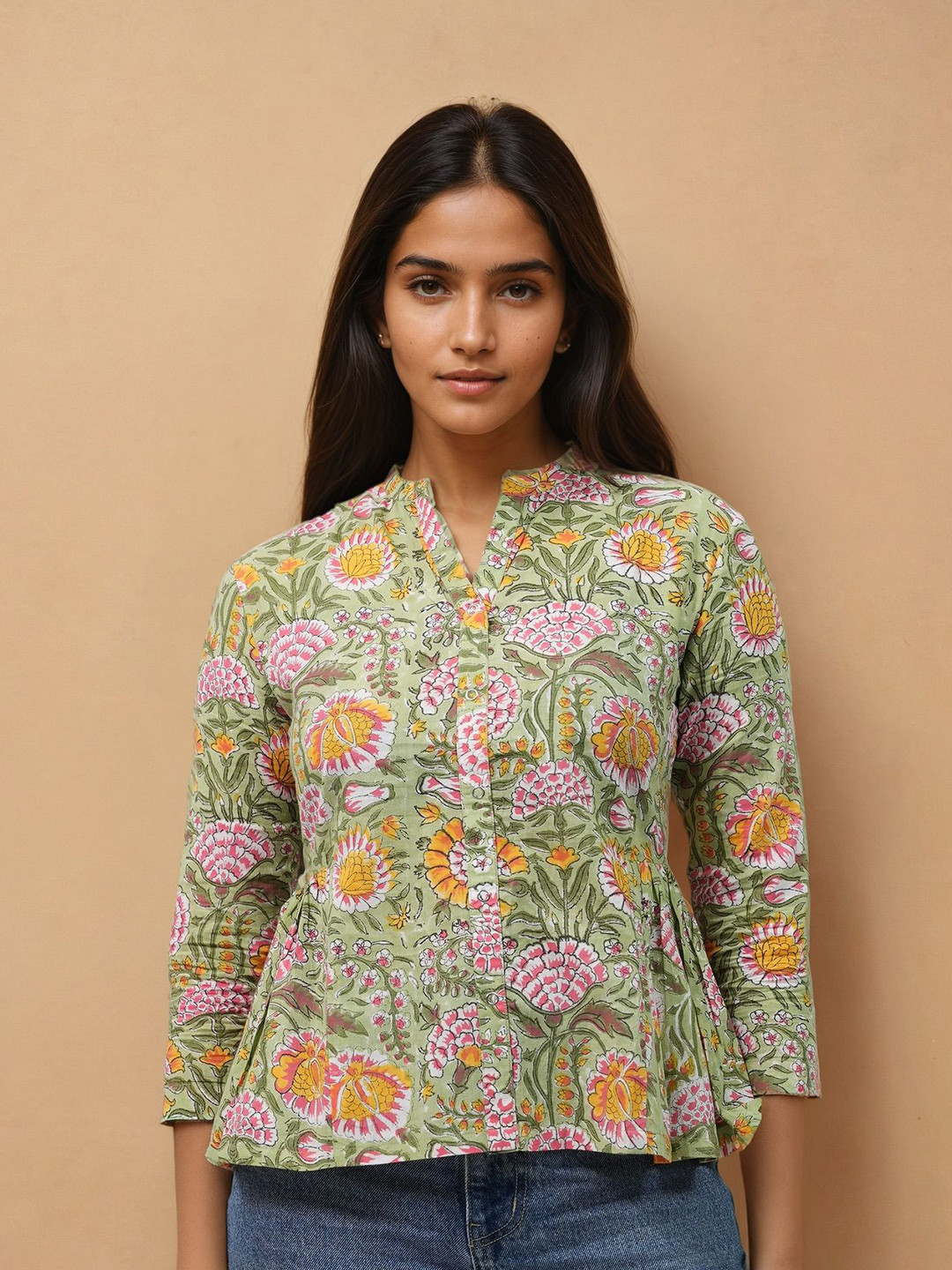 SPARROW Floral Printed Mandarin Collar Pista Green Top
