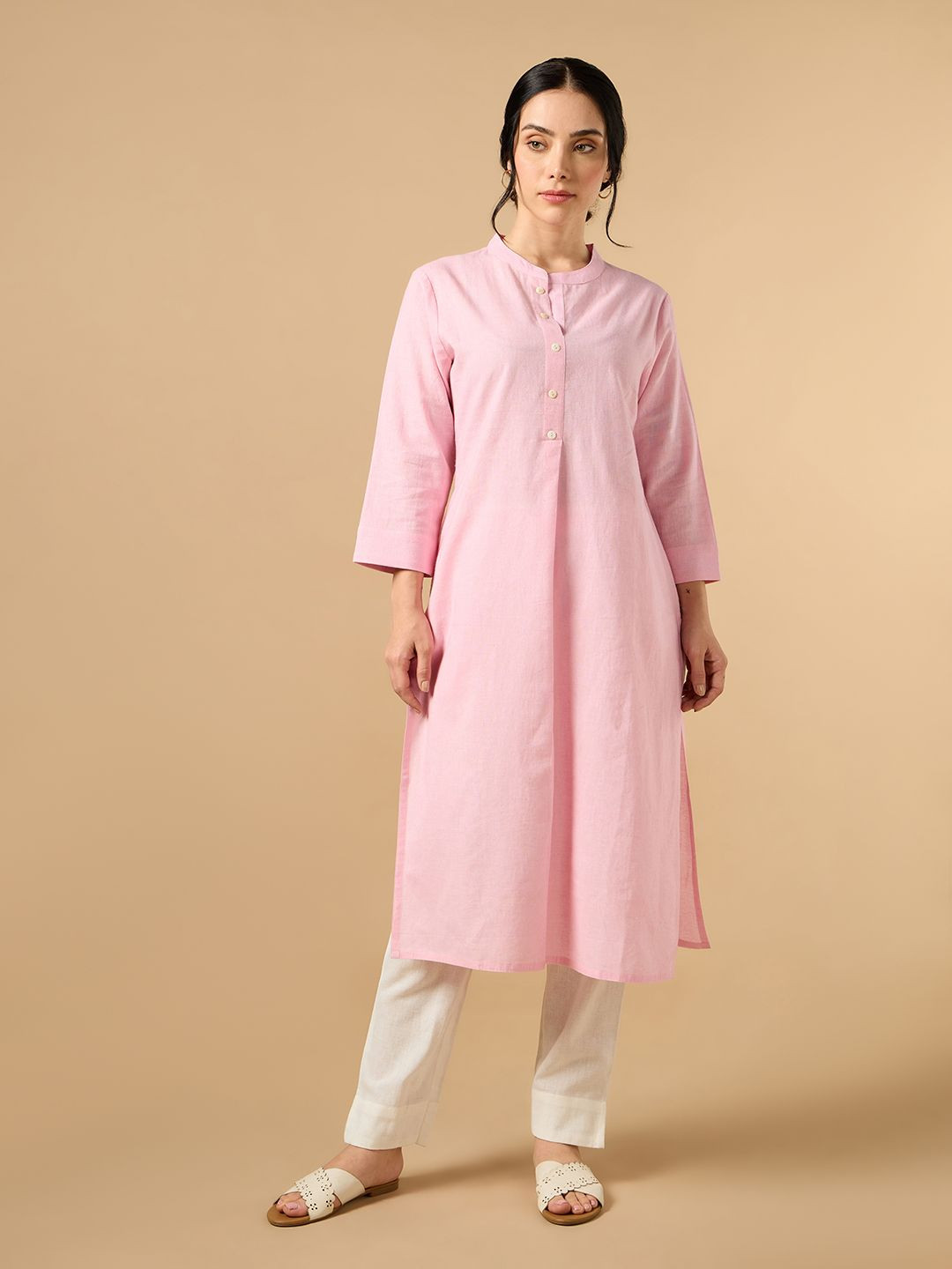 COTTONS DAILY Women Pink Solid Mandarin Collar Cotton Linen Kurta