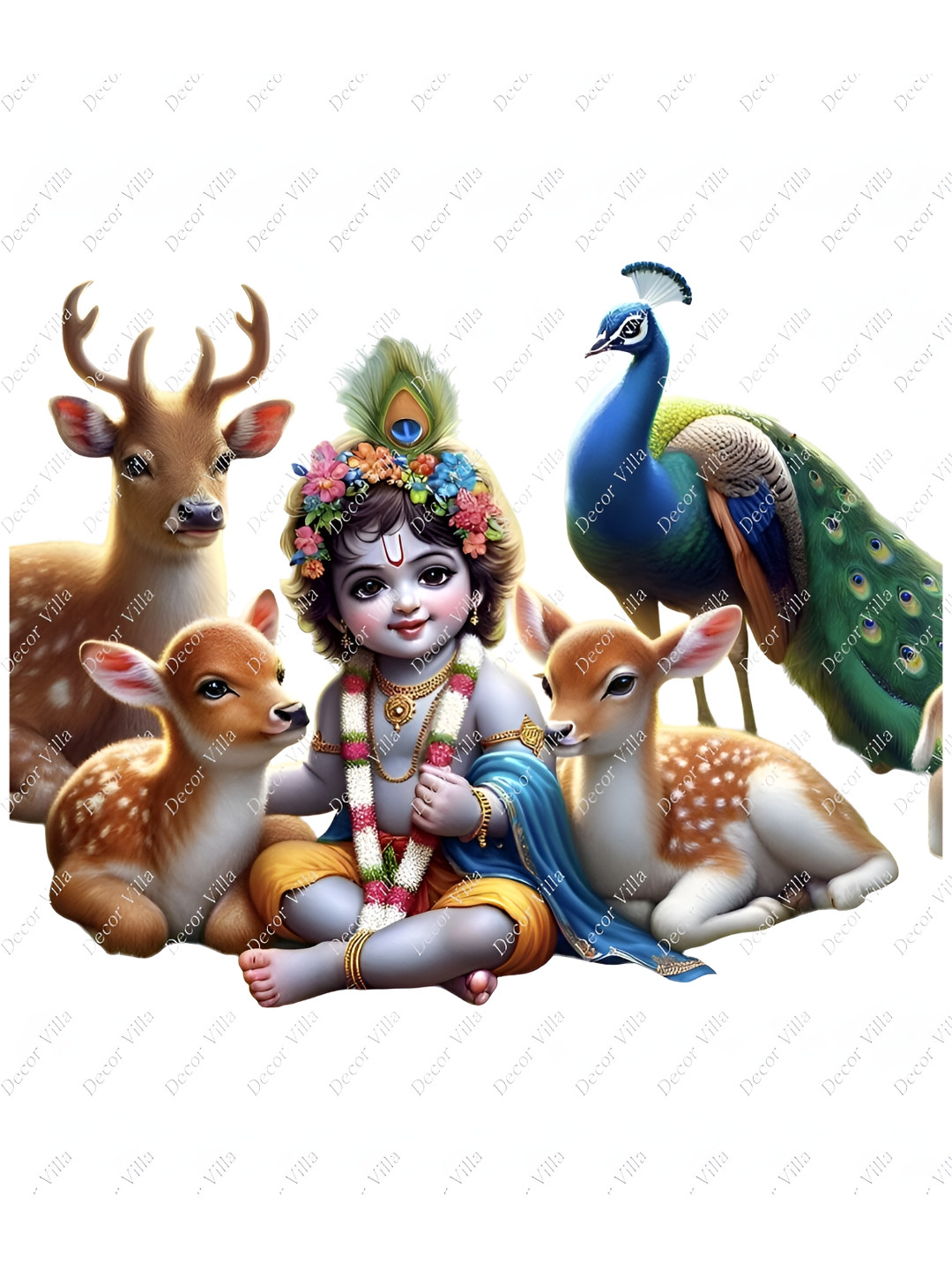 Decor Villa Multicolor Baby Kanha With Peacock,Deer And Cow Wall Sticker