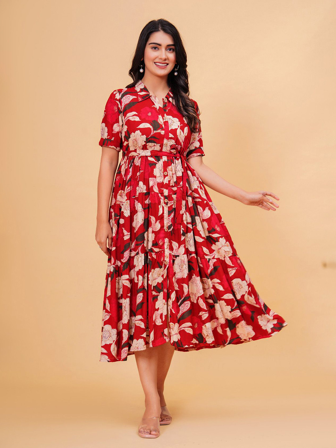 TANISHA Women Floral Print Shirt Collar Fit & Flare Midi Dress
