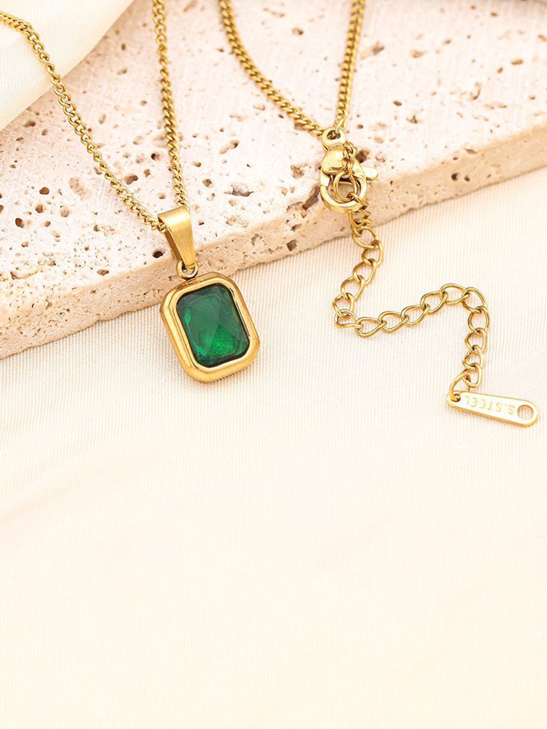 BEYTER Stainless Steel Gold-Plated Stone Studded Rectangle Charm Pendant With Chain