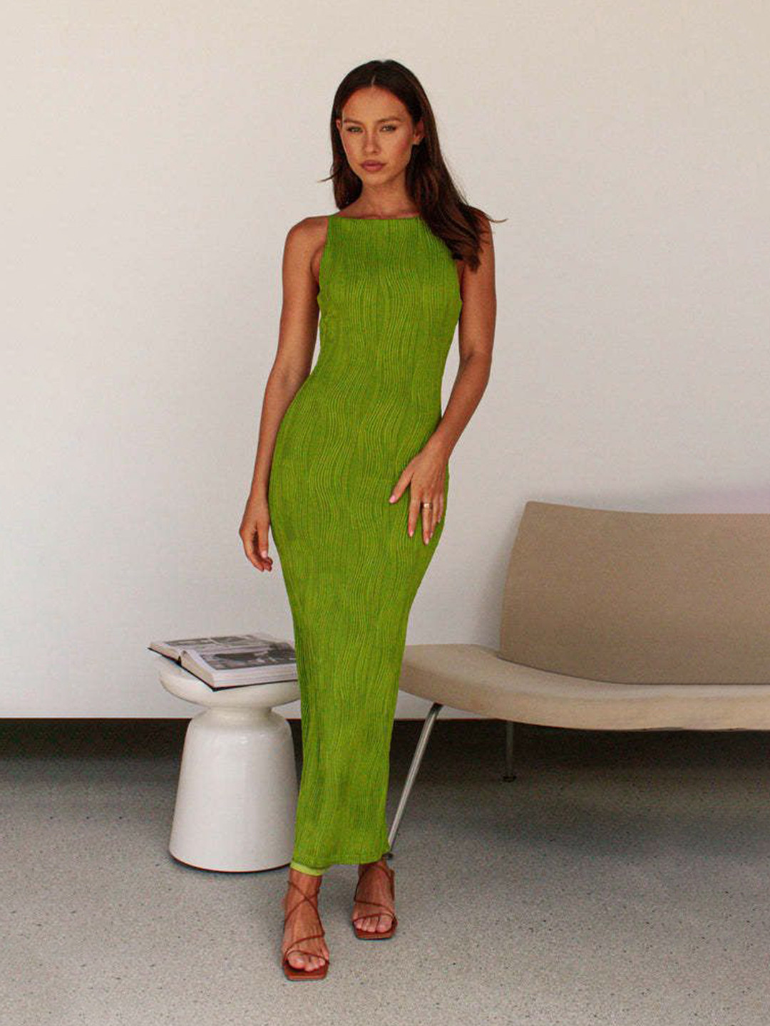 bebe Green Boat Neck Sleeveless Back Slit Maxi Dress