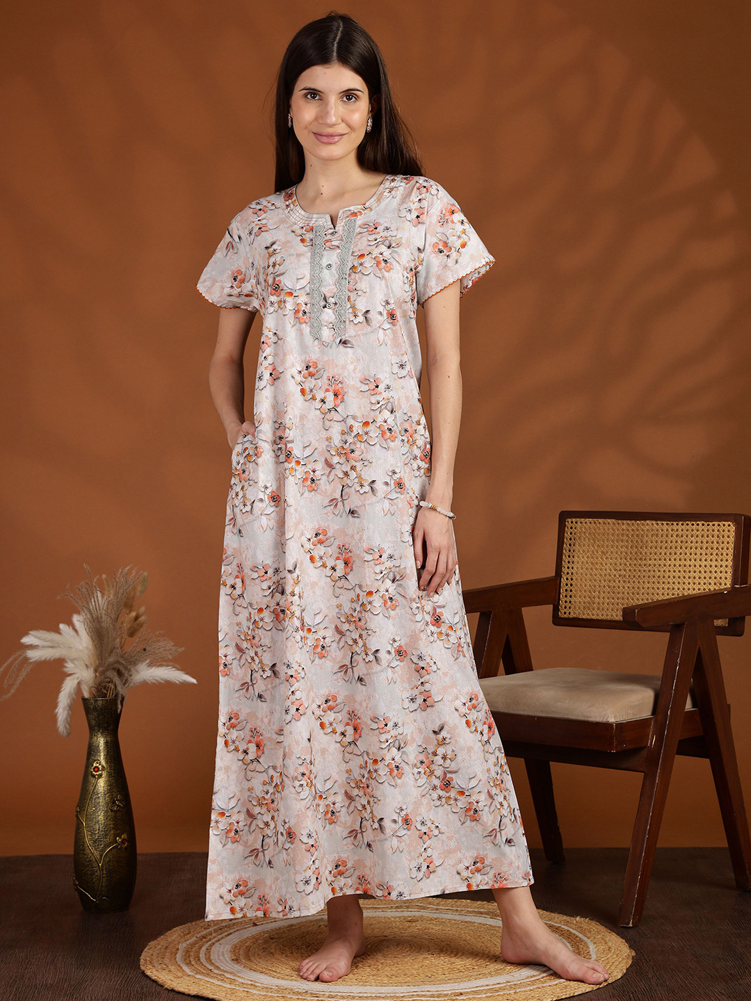 9shines Label Women Orange Floral Digital Print Cotton Nightdress