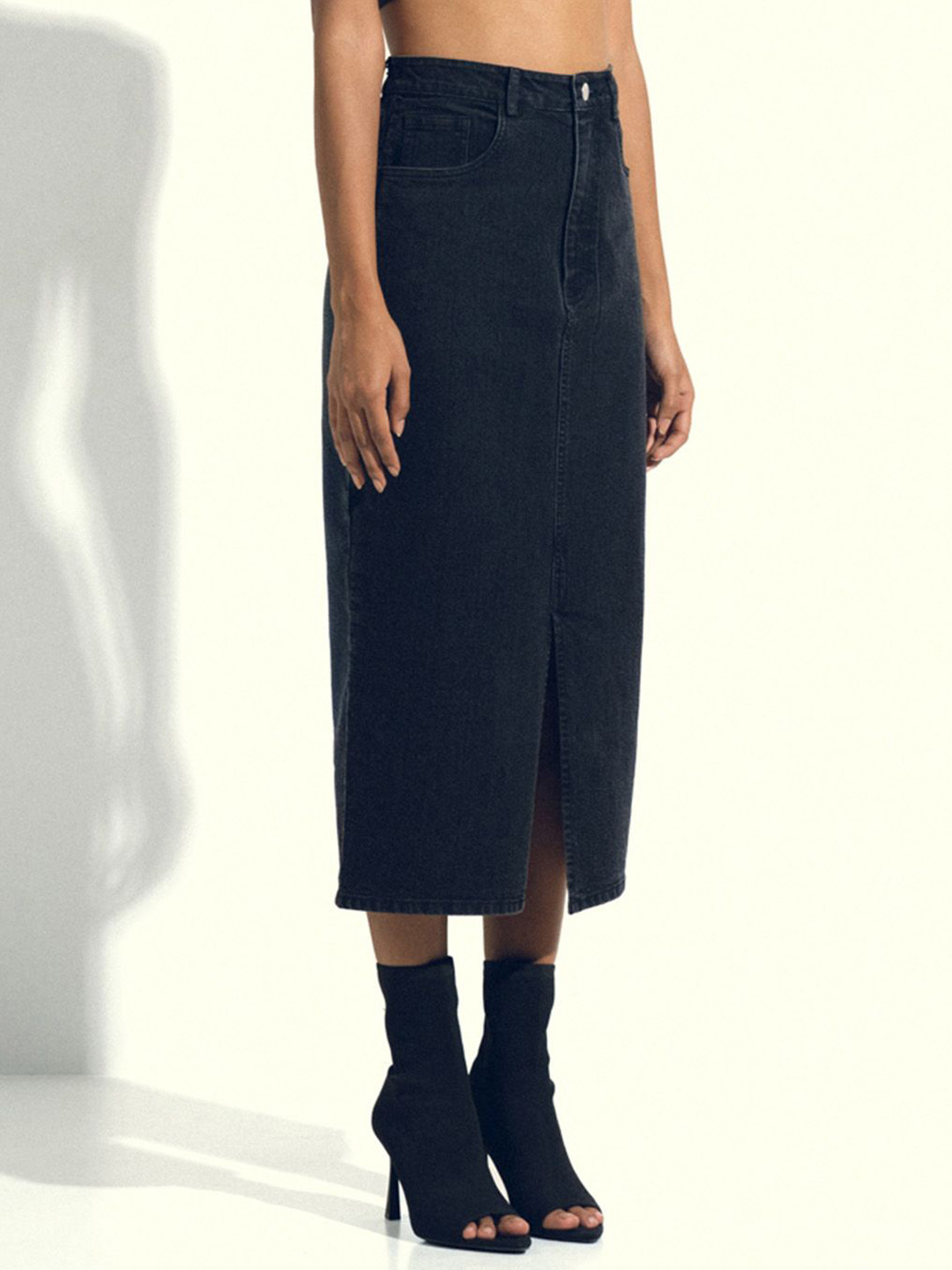 SOTBELLA Denim Front Slit Straight Midi Skirt