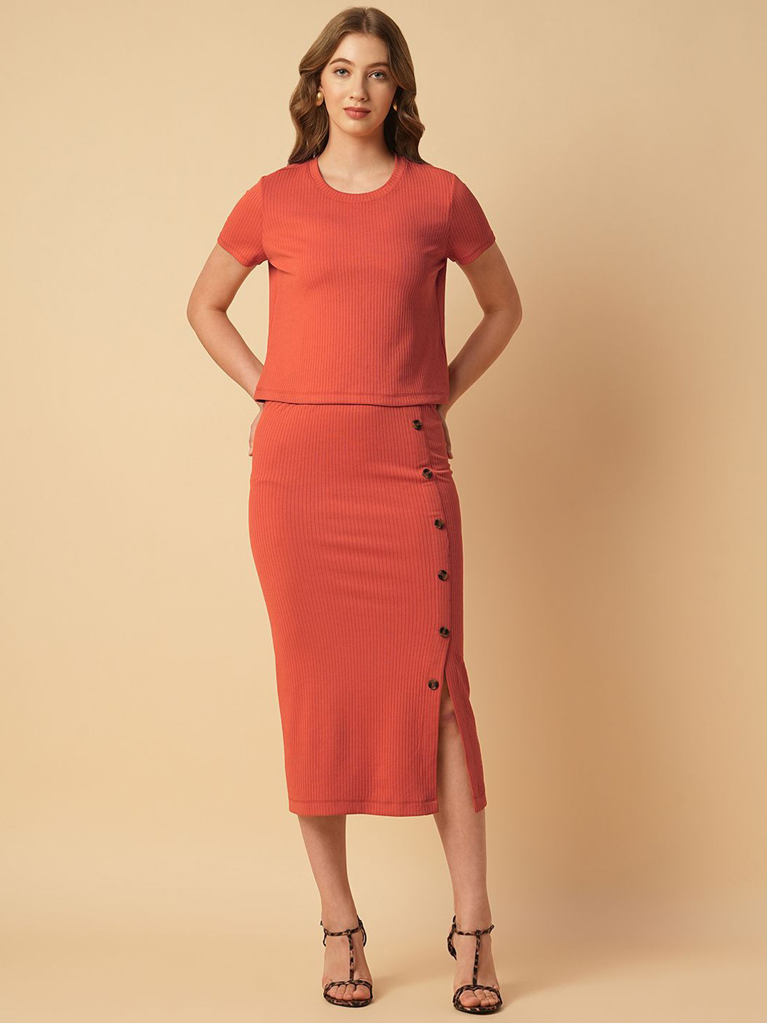 Chemistry Self Designed Round Neck Top With Skirt Co-Ords