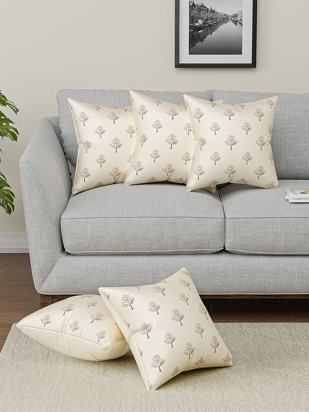 Kuber Industries Zip Closure Golden Floral Polyester 5 Pcs Cushion Covers - 16.1 x 16.1 In