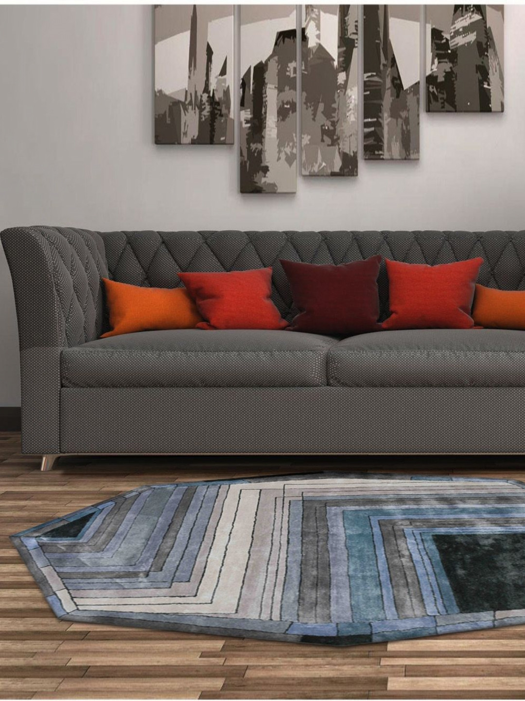 saraswatii global Put In Palace Grey & Blue Geometric Printed Tufted Woollen Carpet