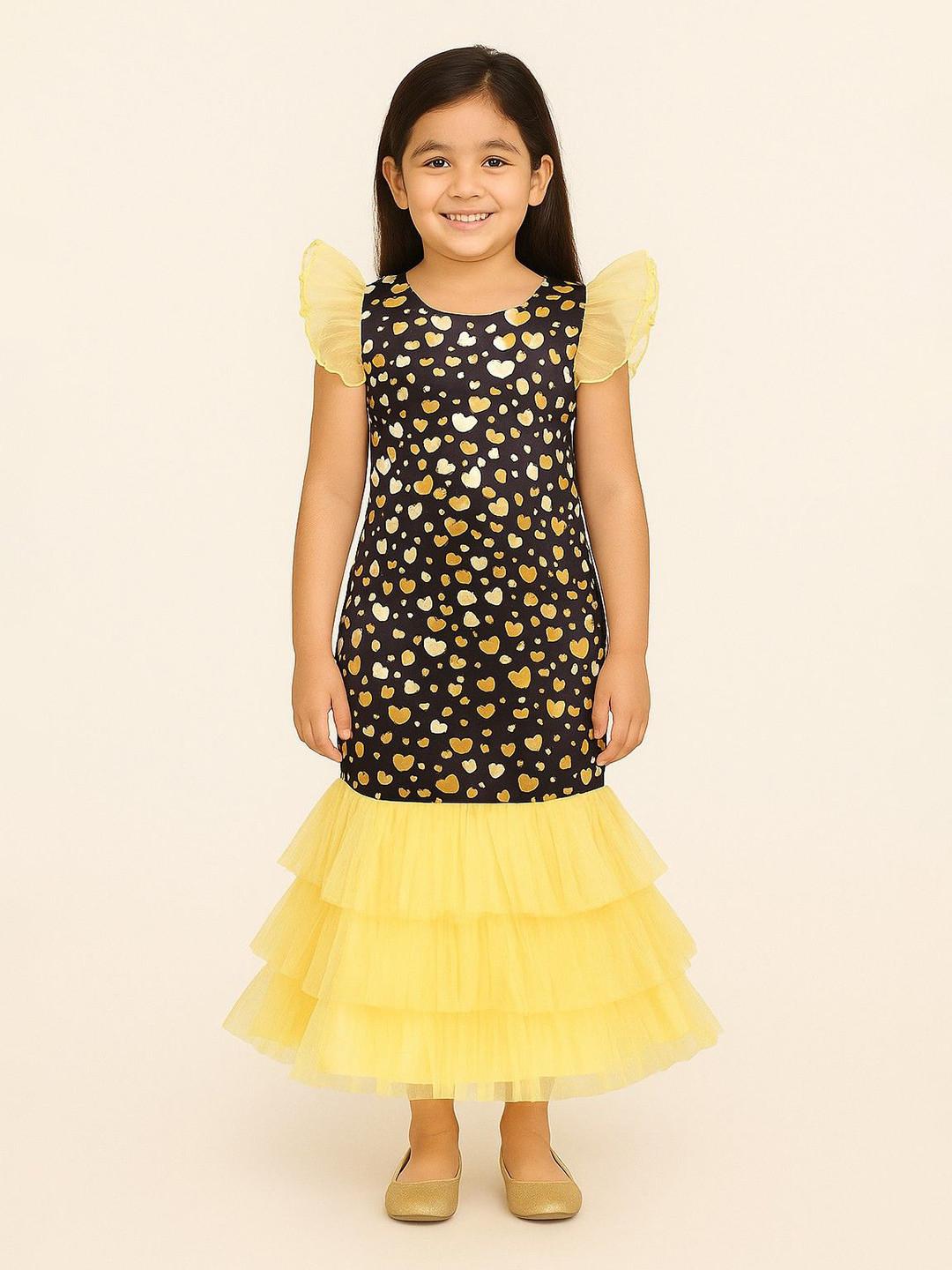 BAESD Girl Heart Printed Round Neck Flutter Sleeves A-Line Maxi Dress