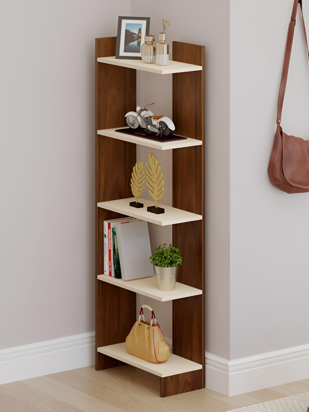 bluewud Lagoon Brown & Beige 5 Tier Floor Corner Stand Bookshelf