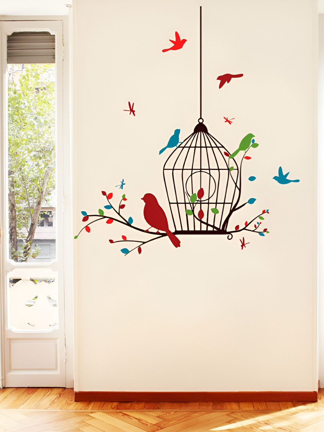Decor Villa Multicolor Cage with Colorful Birds Wall Sticker