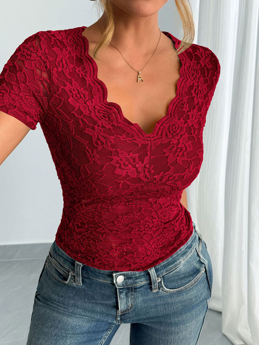 StyleCast Women V Neck Short Sleeve Semi Sheer Fitted Top
