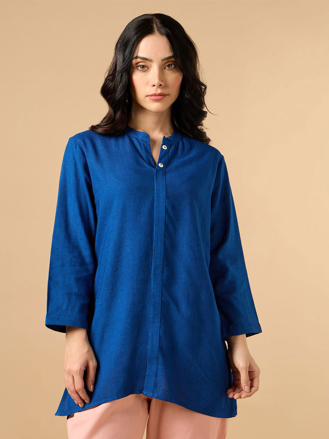 COTTONS DAILY Women Blue Solid Mandarin Collar Cotton Linen Kurta