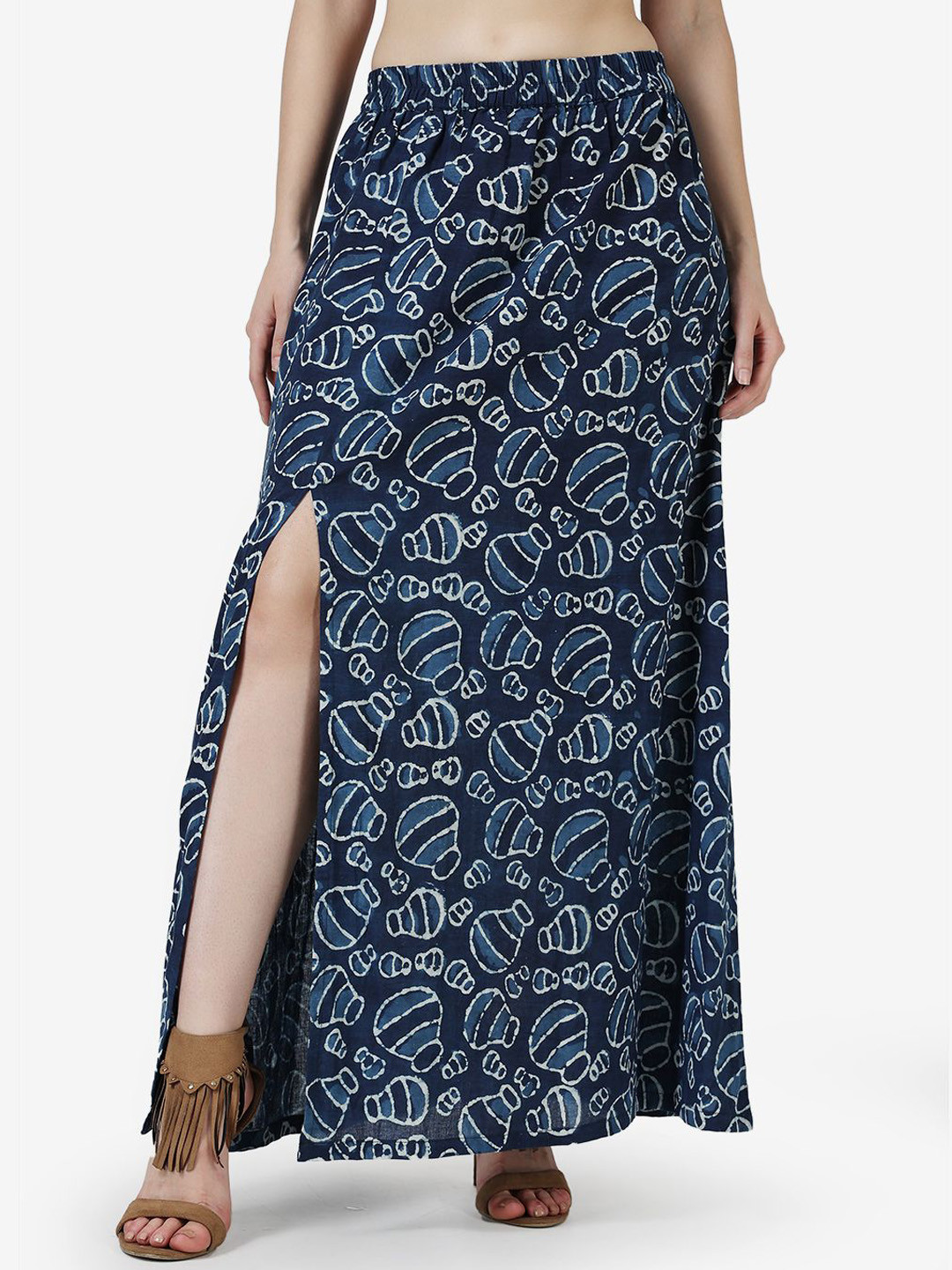 Popwings Bagru Matka Printed Pure Cotton Flared Maxi Skirt