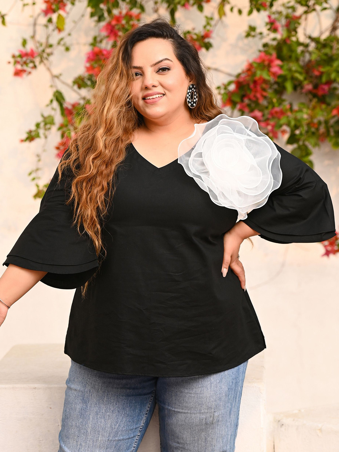 PrettyPlus by Desinoor.com Plus Size Black Poplin Organza Flower Top