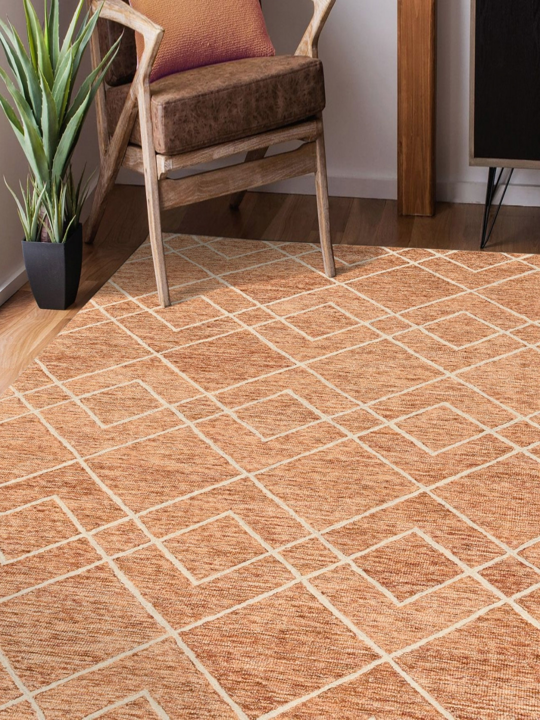 saraswatii global Vista Orange Colored & Beige Geometric Printed Tufted Woollen Carpet