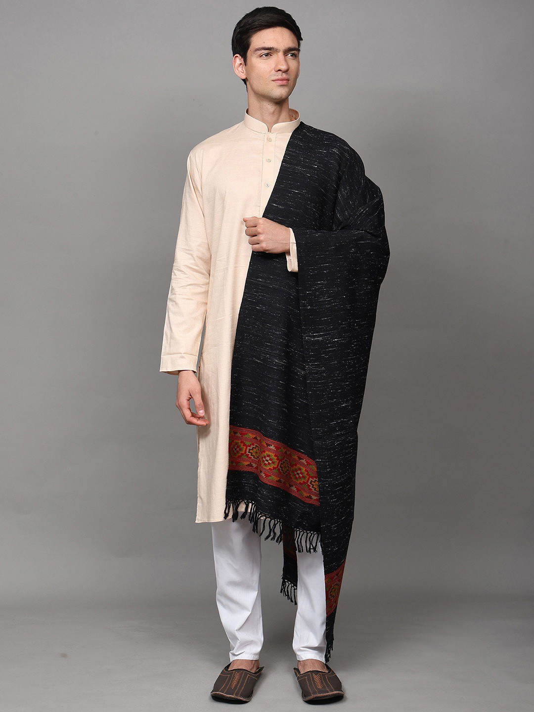 Exotic India Sand Wool Stole With Kinnauri Woven Wide Border From Kullu