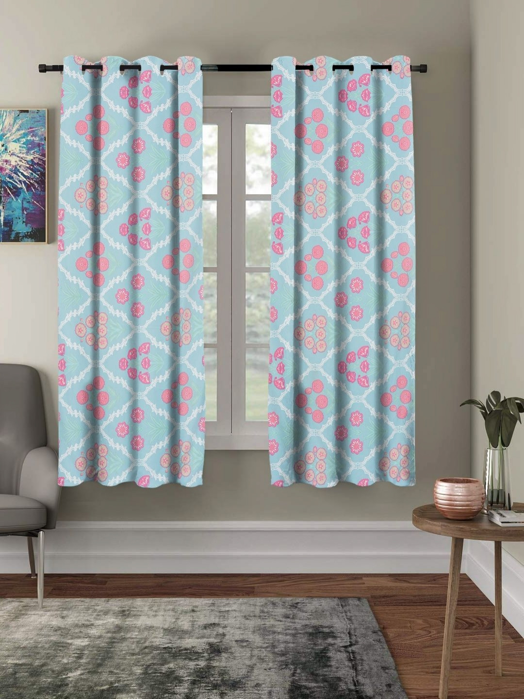 Aura Blue & Green 2 Pieces Floral Printed Sheer Window Curtains