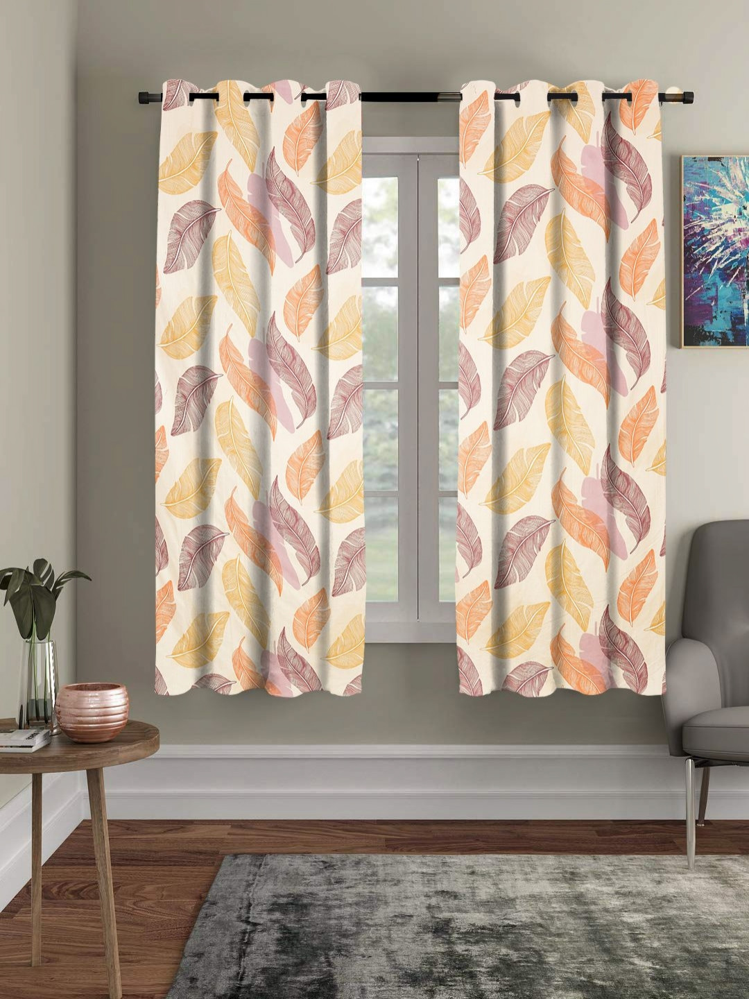 Aura Orange & Pink 2 Pieces Floral Printed Sheer Window Curtains