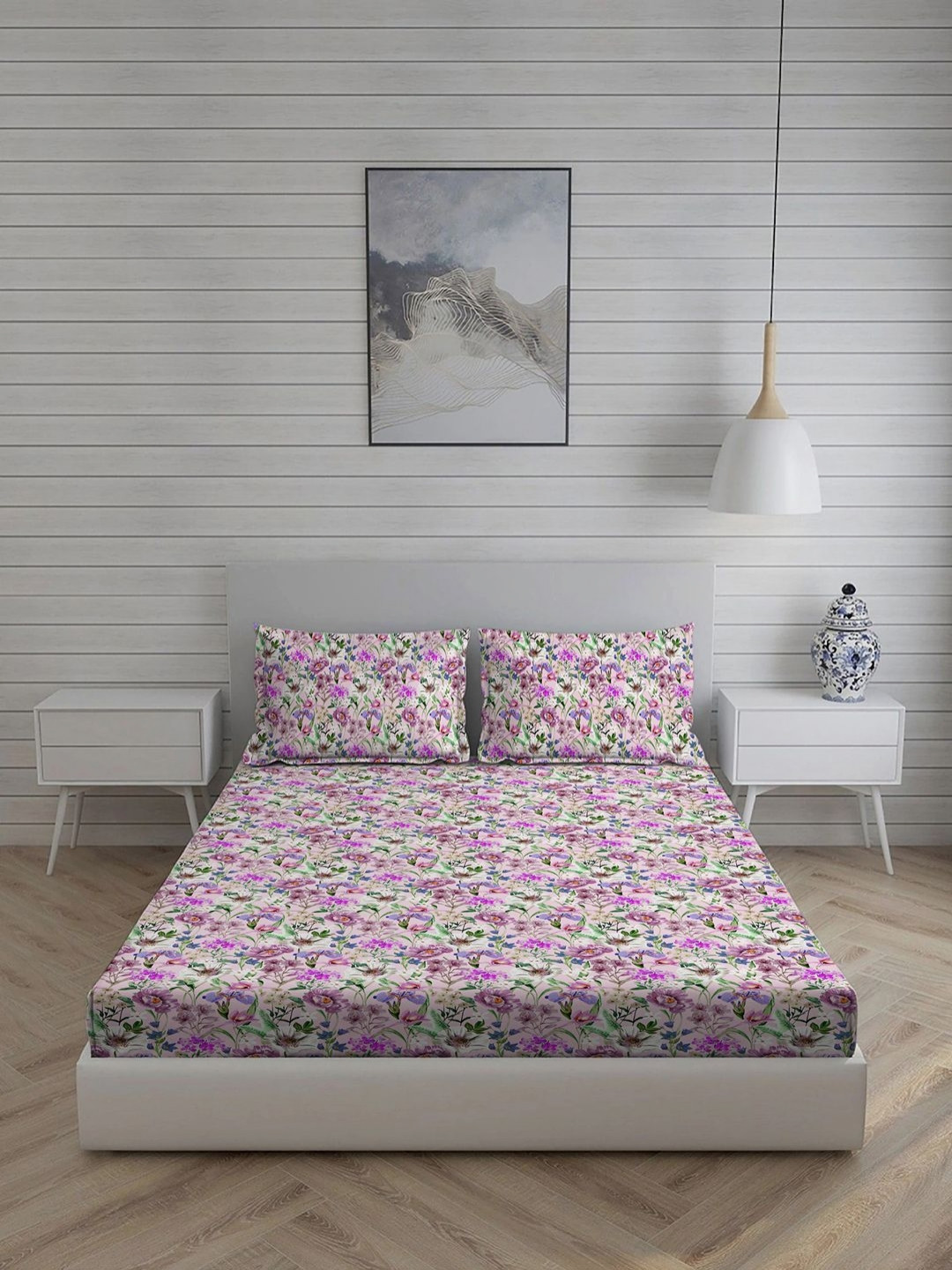 Living scapes by Pantaloons Pink Floral Cotton 210 TC Queen Fine Bedsheet with 2 Pillow Covers-108 x 88 inches