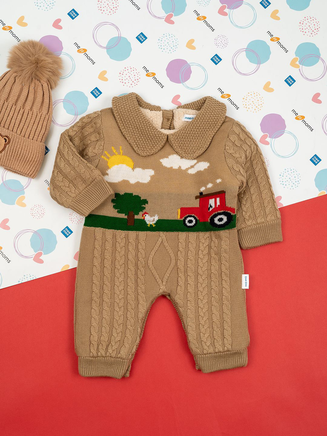 MeeMee Infants Printed Romper With Farm Scene & Cable Knit Design