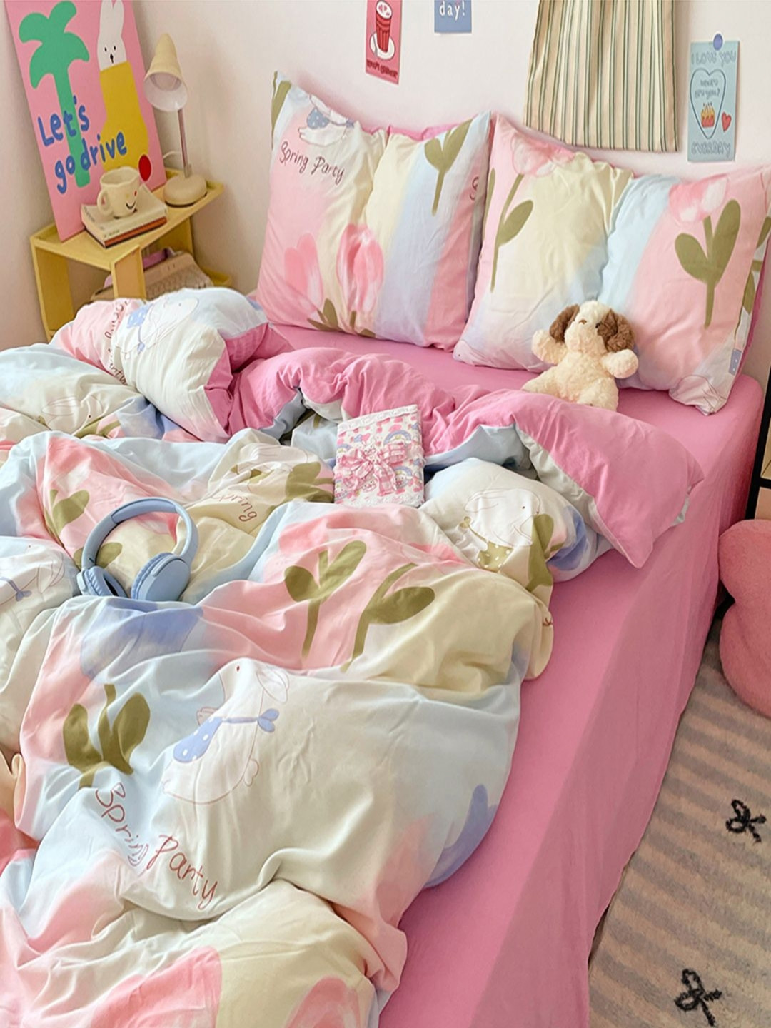 JC HOME Pink & Blue 4 Pieces Cartoon Characters Double Queen Bedding Set