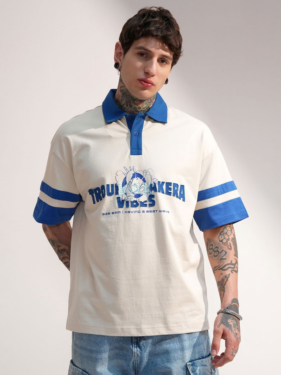 HIGHLANDER Disney Stitch Printed Polo Collar Cotton Oversized T-shirt