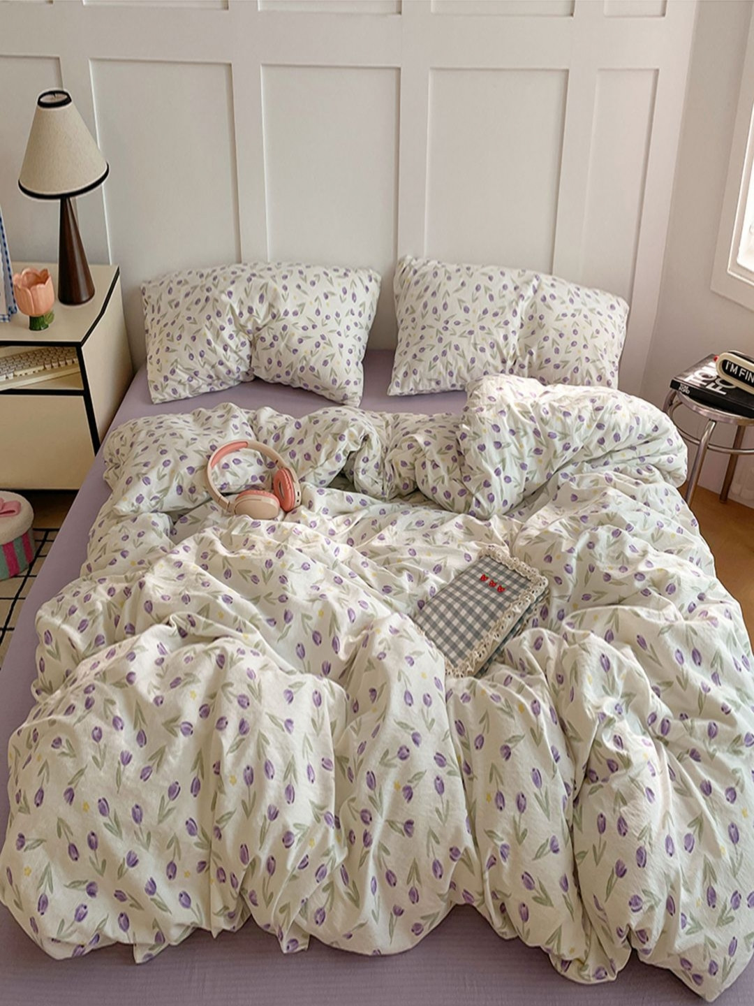 JC HOME Purple & White Self Design Polycotton 3 Piece Double Extra Large Regular Bedding Set