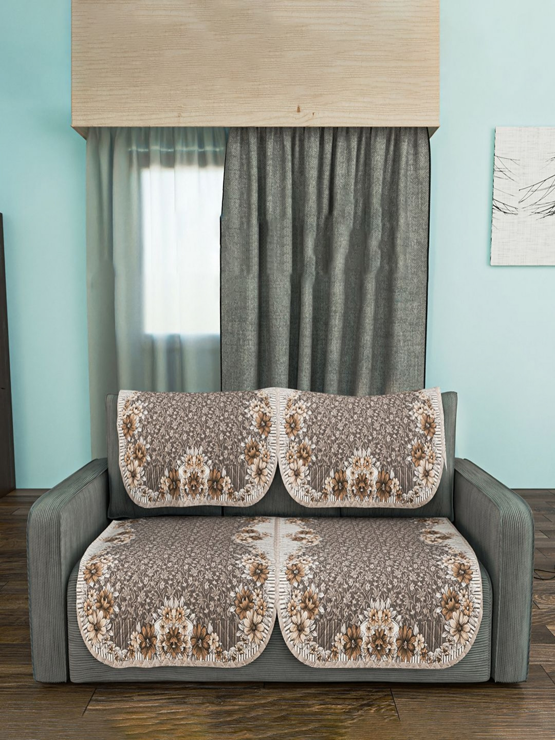 Aura Ultra Sonic Flower Border Golden 4 Pcs Printed 2 Seater Sofa Cover