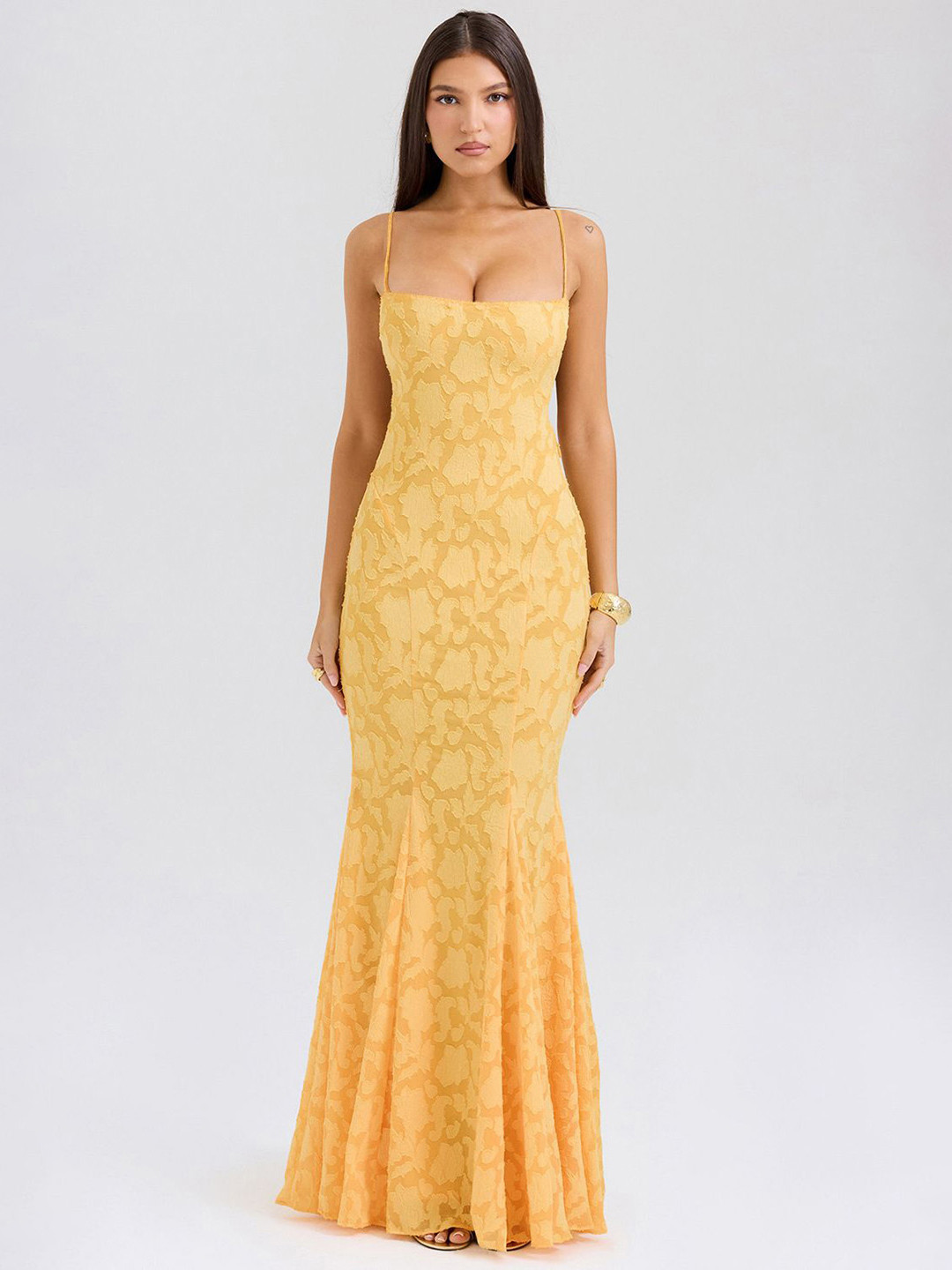 bebe Yellow Self Design Spaghetti Strap Mermaid Dress With Crisscross Open Back