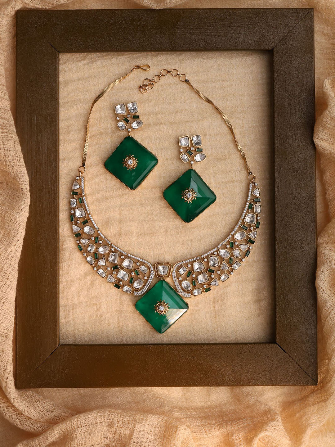 SURYAM DESIGNER JEWELLERY 18K Rose Gold-Plated Monzonite & Emerald Studded Jewellery Set