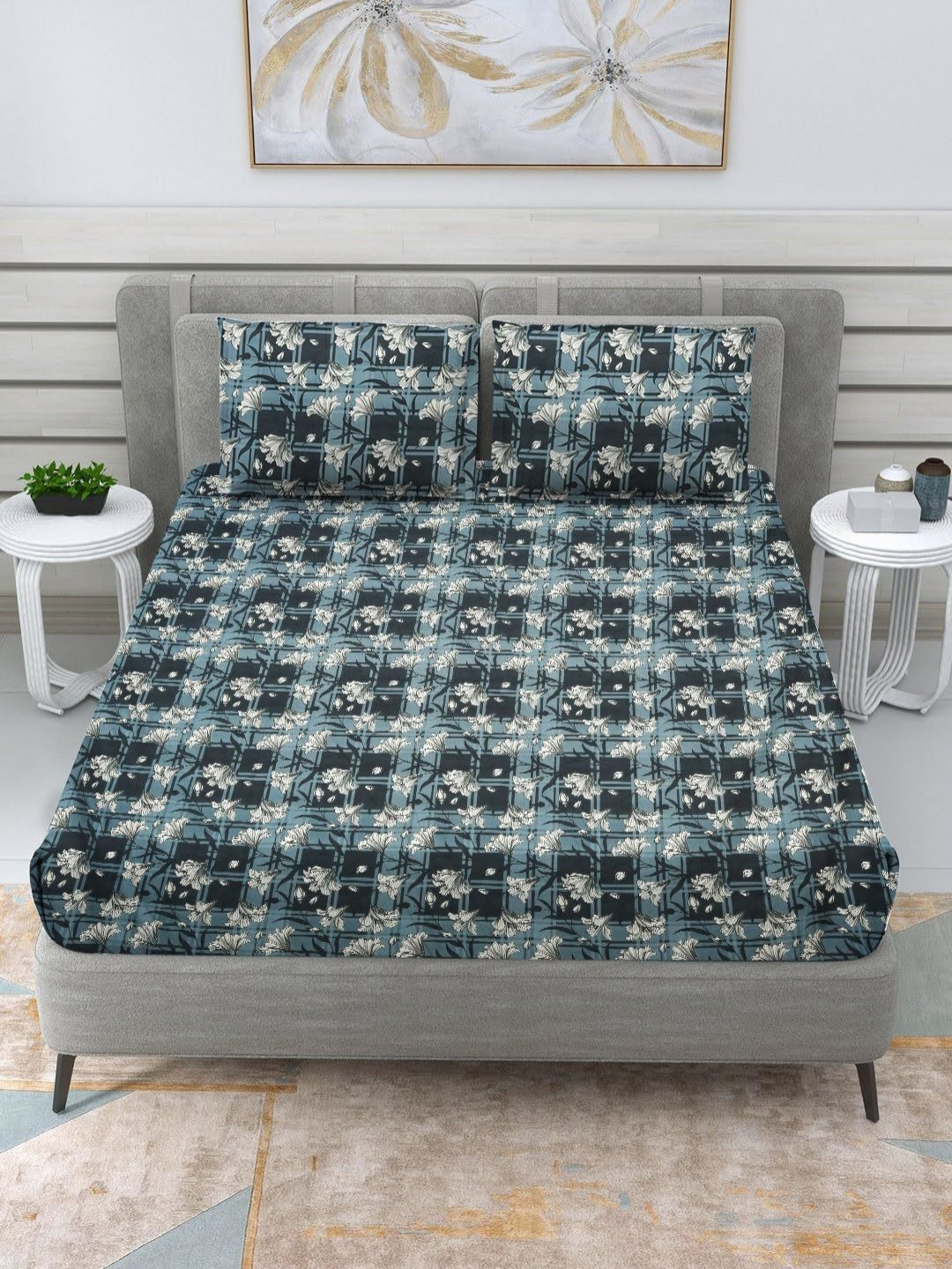 Aura Ruby Black Floral Microfiber 210 TC King Fine Bedsheet with 2 Pillow Covers-274 x 274 cm