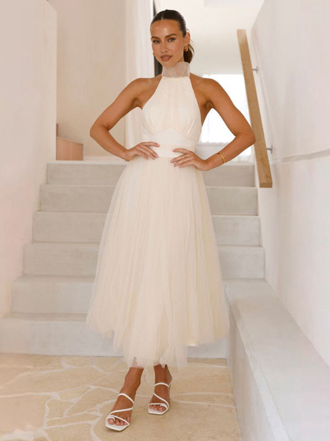 bebe White Tulle Halter Neck Open Back Fit & Flare Midi Dress