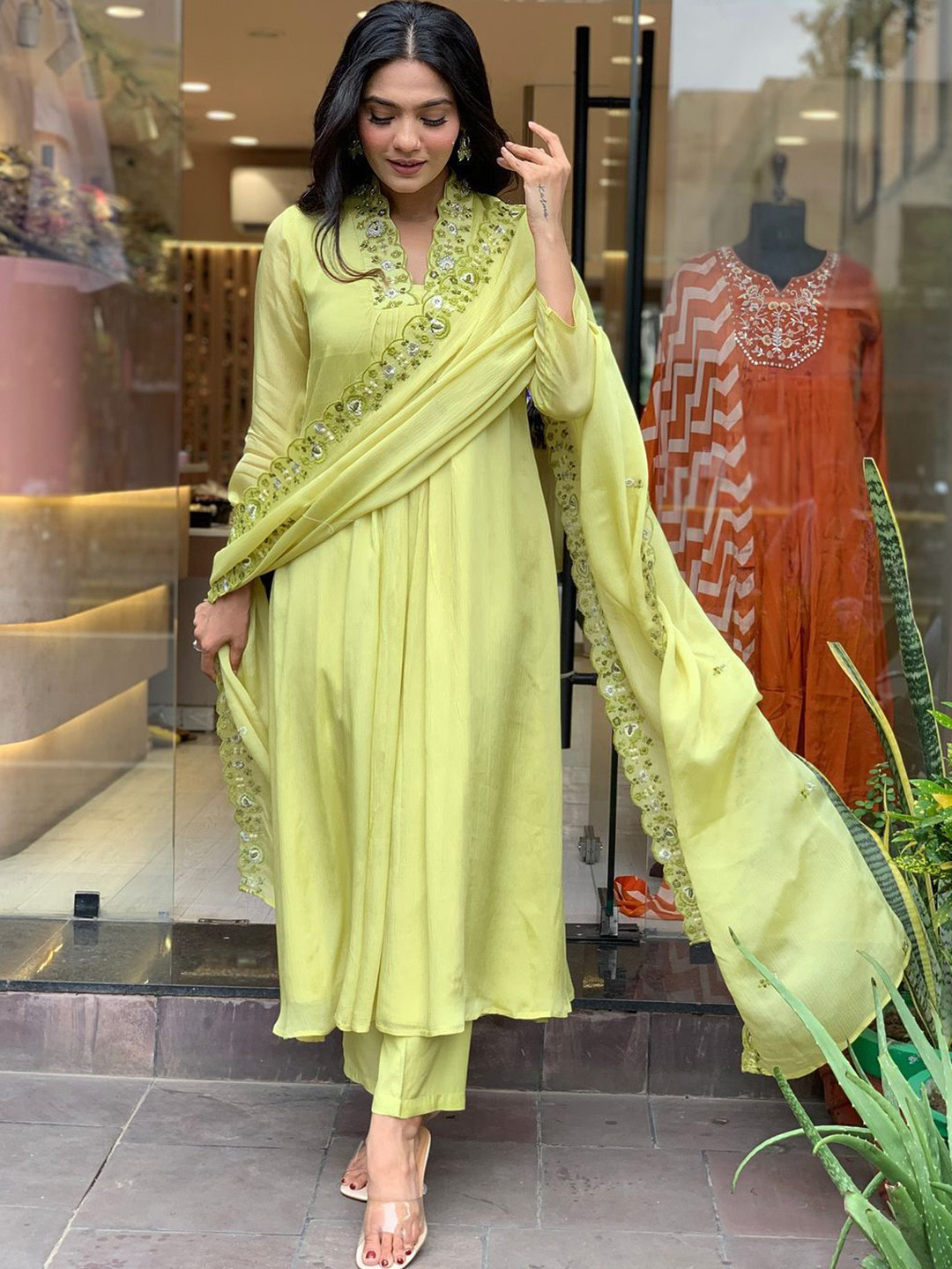 TWINS LADY Floral Embroidered Chinon V-Neck A-Line Kurta With Trousers & Dupatta