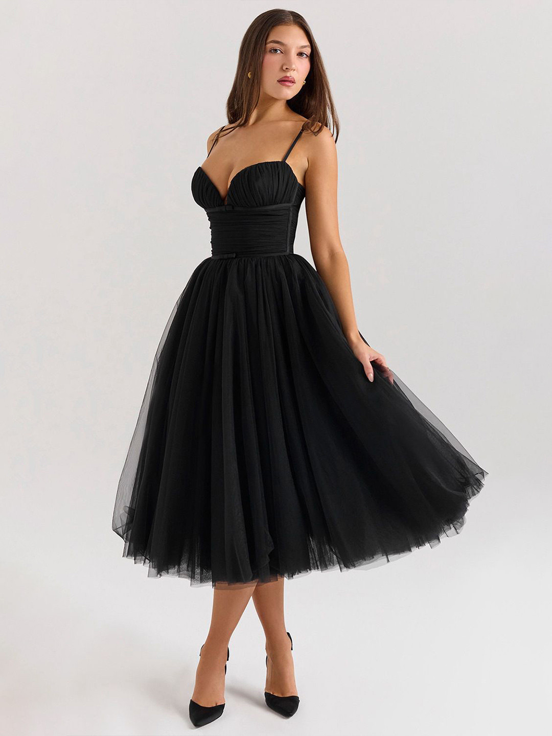 bebe Black Tulle Ruched Sweetheart Neck Fit & Flare Mini Dress