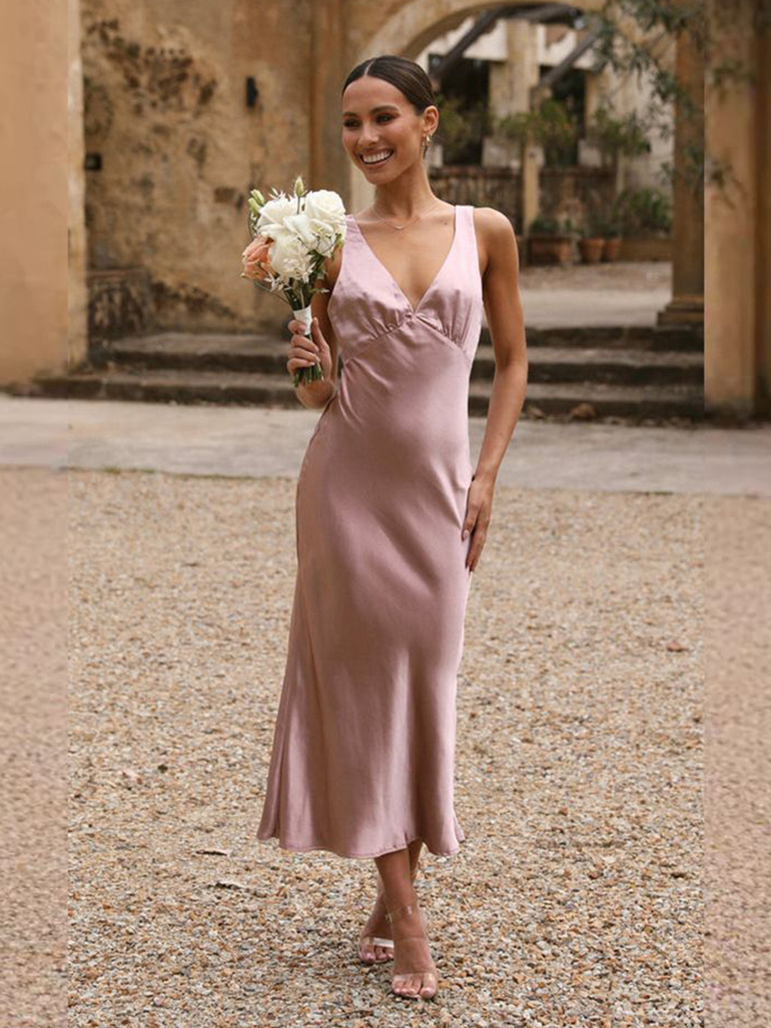 bebe Solid Plunge V-Neck Empire Waist Sleeveless Midi Dress